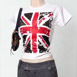 Women’s White Graphic Baby Tee with Red & Black Union Jack